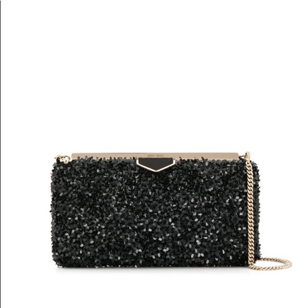 Jimmy Choo Black and Gold Ellipse glitter clutch